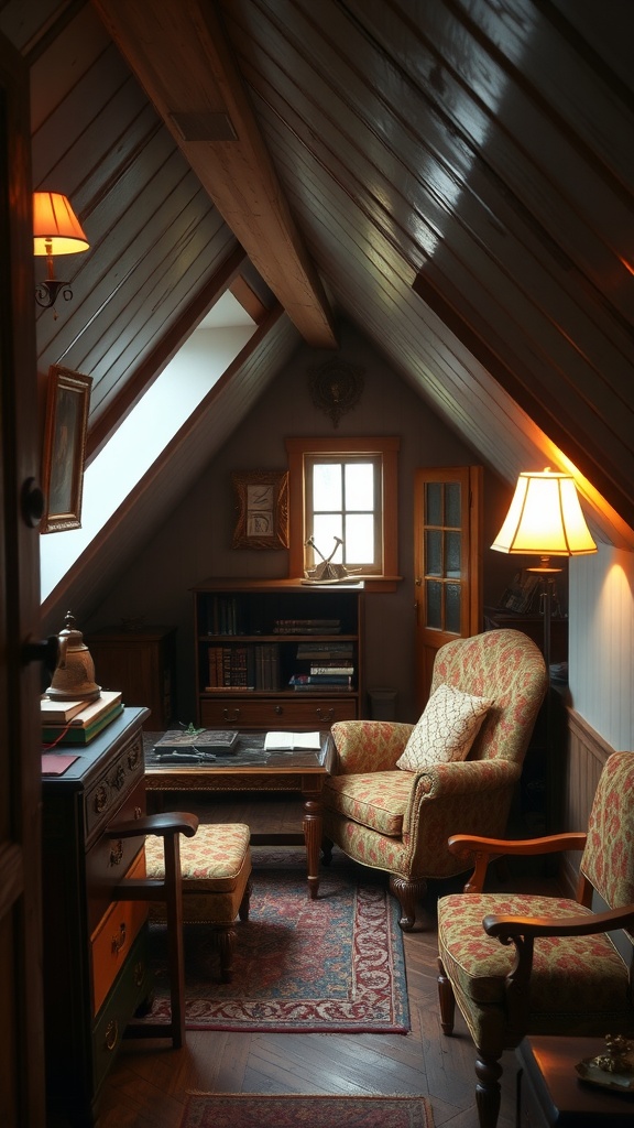 Cozy vintage reading nook in an attic with wooden ceiling, patterned armchair, and soft lighting