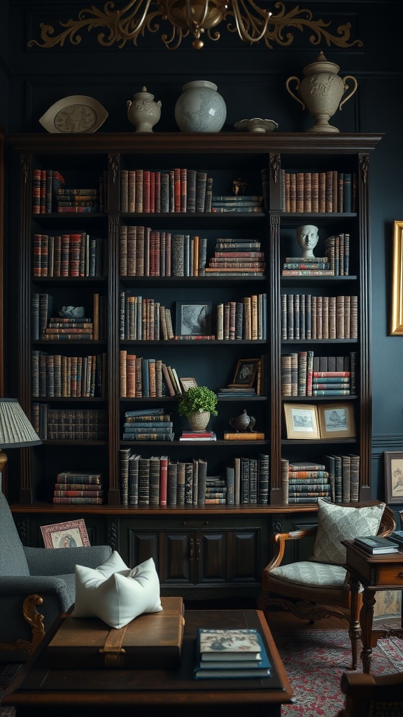 A vintage bookshelf filled with books and decorative items in a dark academia living room.