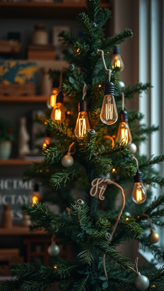 A Christmas tree decorated with vintage Edison bulbs, showcasing a warm glow amidst the greenery.