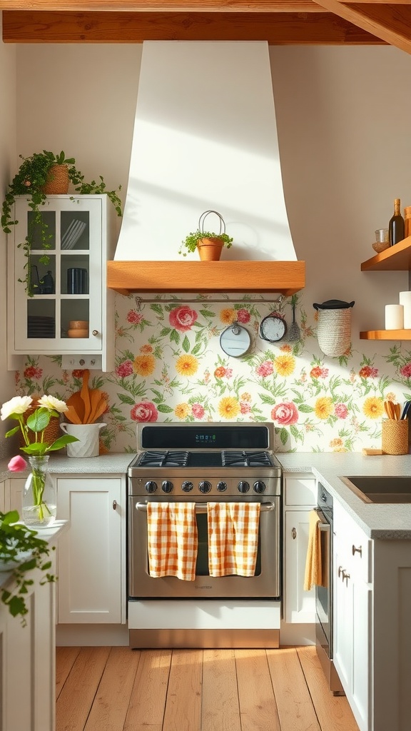 A cozy farmhouse kitchen featuring a vintage floral backsplash with a colorful design, white cabinets, and wooden accents.