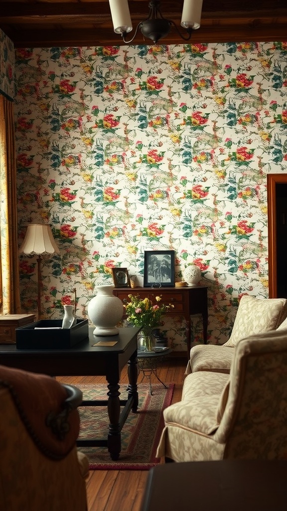 Living room featuring vintage floral wallpaper with colorful flowers.