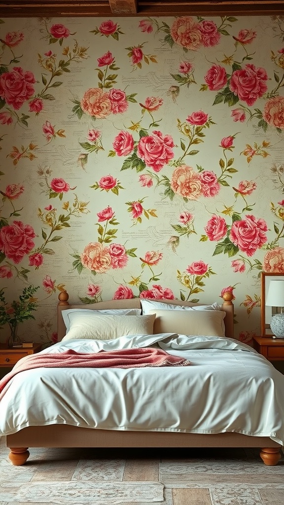 A cozy bedroom with vintage floral wallpaper featuring pink roses, a wooden bed, soft bedding, and a warm throw blanket.