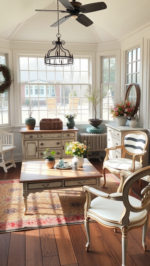 A beautifully decorated farmhouse sunroom featuring vintage furniture and decor.