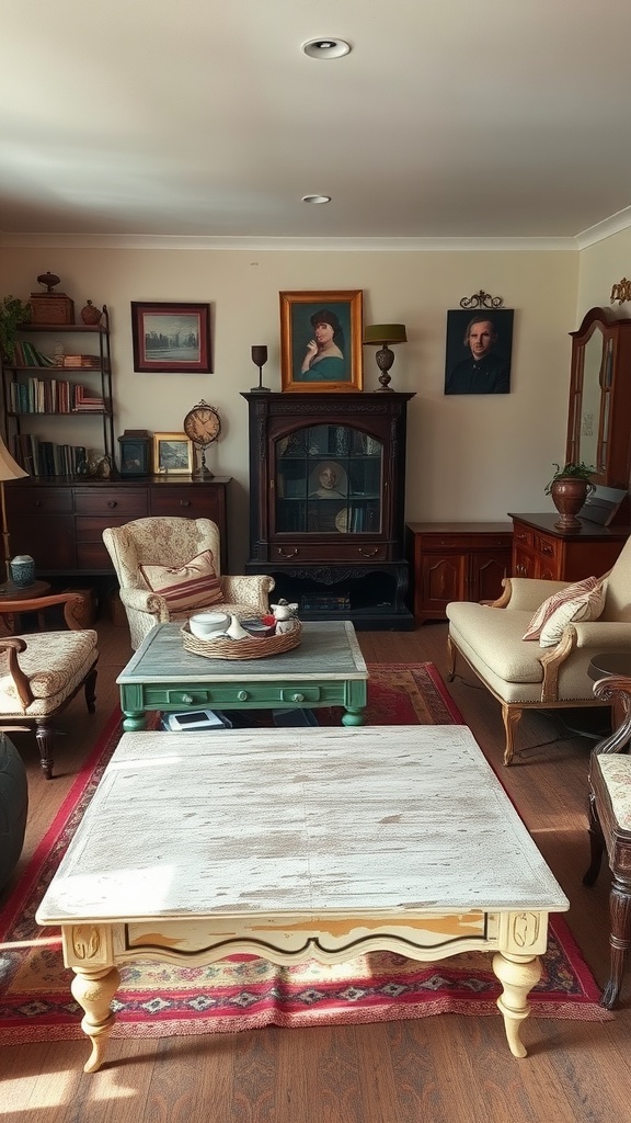 A cozy shabby chic living room featuring vintage furniture, including a painted coffee table and mismatched chairs, adorned with artwork on the walls.