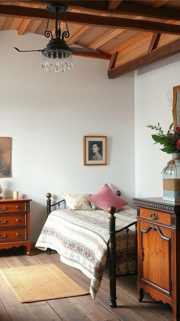 A rustic bedroom featuring a wooden bed, vintage furniture, and a chandelier