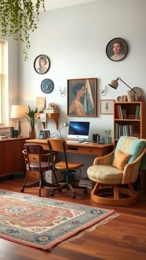 A cozy boho home office featuring vintage furniture, including a wooden desk, colorful chairs, a rocking chair, and art on the walls.