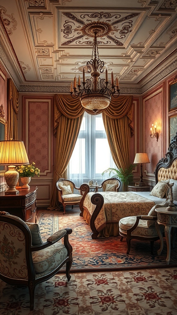 A vintage bedroom featuring ornate furniture, elegant drapes, and a beautiful chandelier, creating a warm and inviting atmosphere.