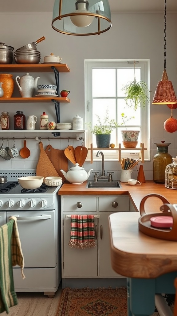 A cozy vintage-inspired kitchen with wooden shelves, colorful pottery, and hanging plants.