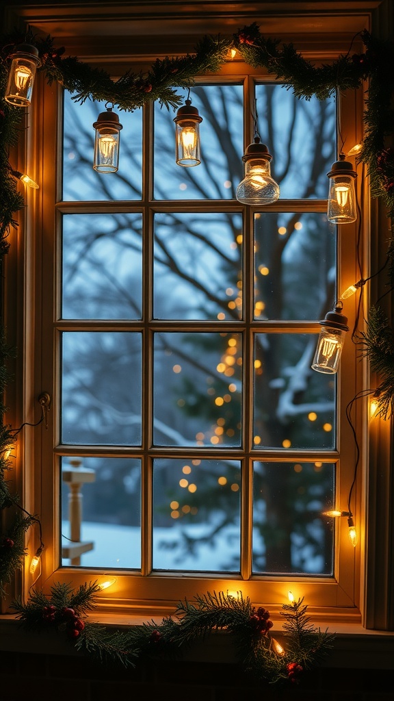 Vintage lantern string lights hanging in a window adorned with greenery and a snowy outdoor scene.