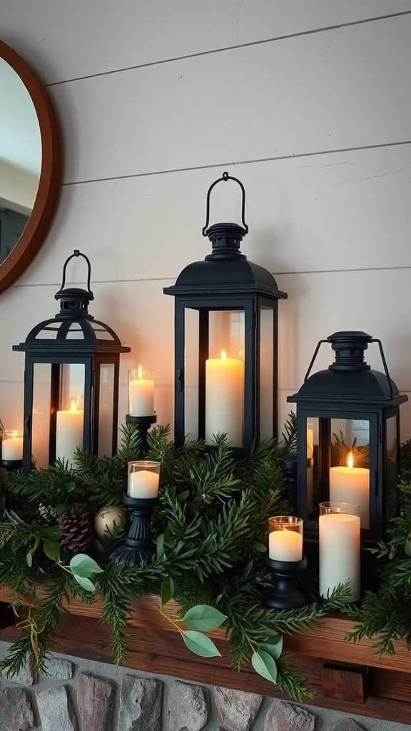 A rustic Christmas mantel decorated with vintage lanterns, candles, and greenery.