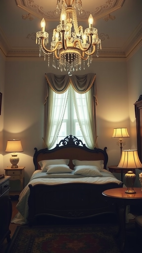 A vintage bedroom featuring an ornate chandelier and classic lamps, creating a warm and inviting atmosphere.