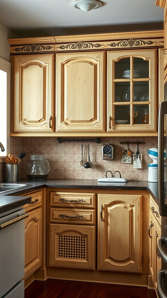 A kitchen featuring vintage style wooden cabinets with ornate detailing and glass-fronted sections.