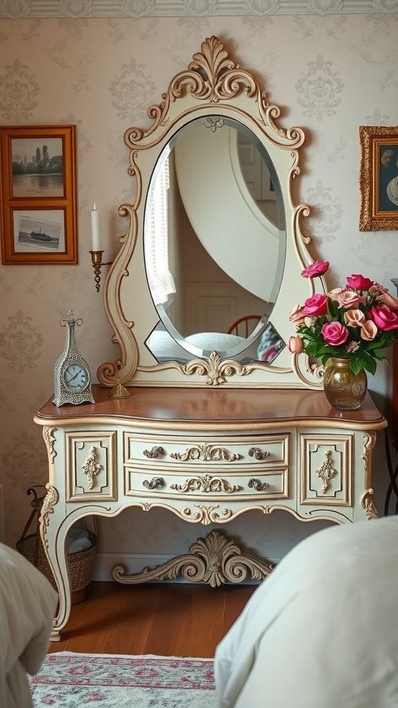 A vintage-style vanity with an ornate mirror, a small clock, and a vase of roses in a cozy bedroom setting.