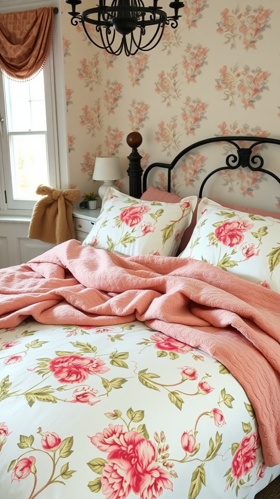 A cozy cottagecore bedroom featuring floral bedding and a pink throw blanket.