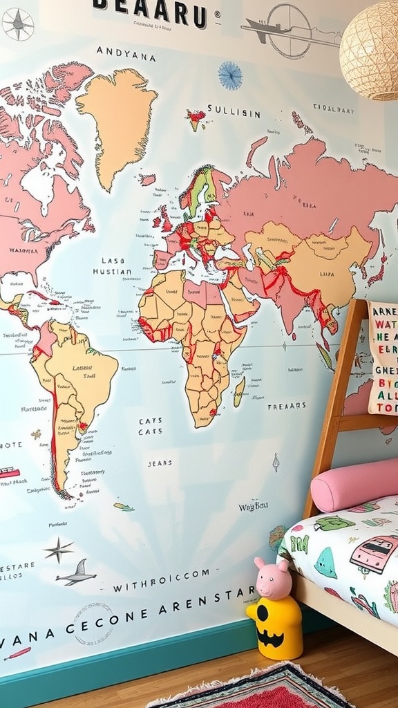 A vintage travel map mural on a kids' bedroom wall, showcasing various countries and continents in soft colors.