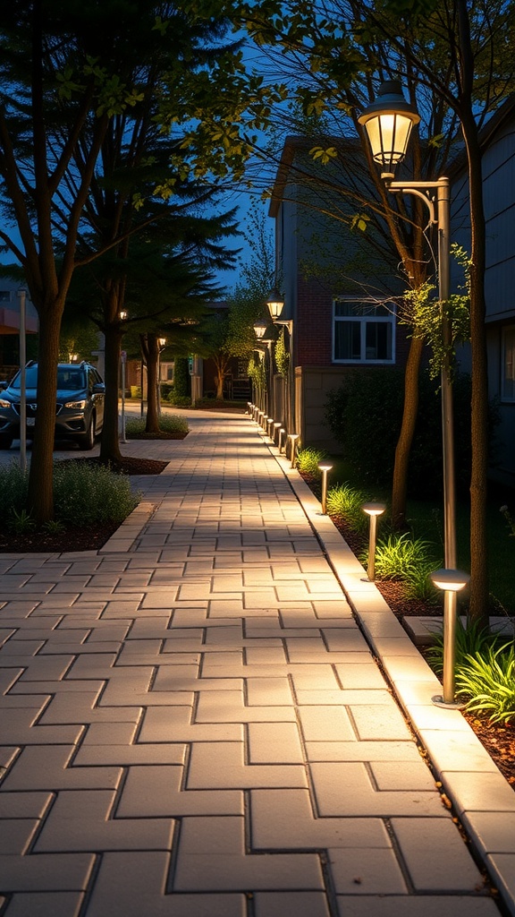 A well-lit paver walkway at night with low-voltage lights lining the path