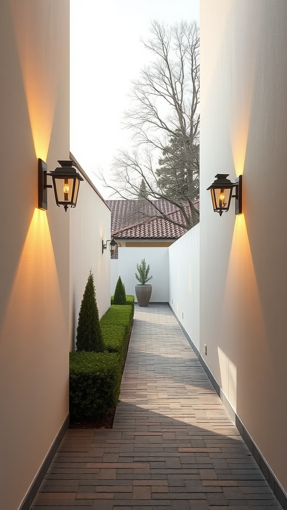 A well-lit walkway with wall-mounted sconces illuminating the path, surrounded by neatly trimmed bushes.