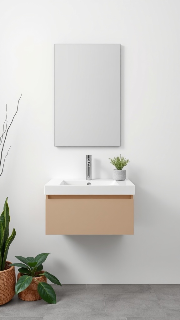 A modern wall-mounted vanity with a sink, a mirror above, and plants beside it