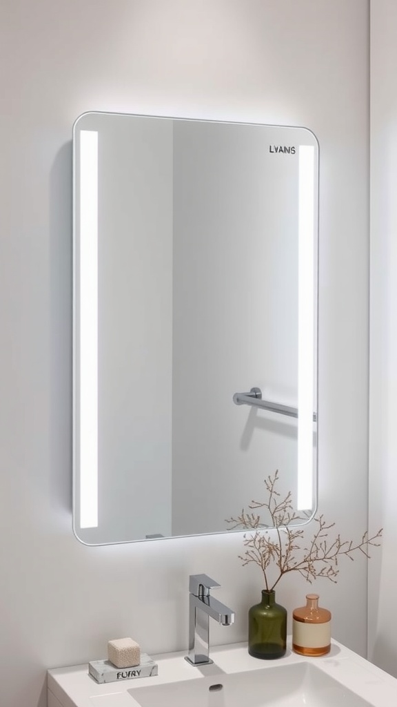 A wall-mounted vanity mirror with built-in lighting, set in a modern small bedroom.