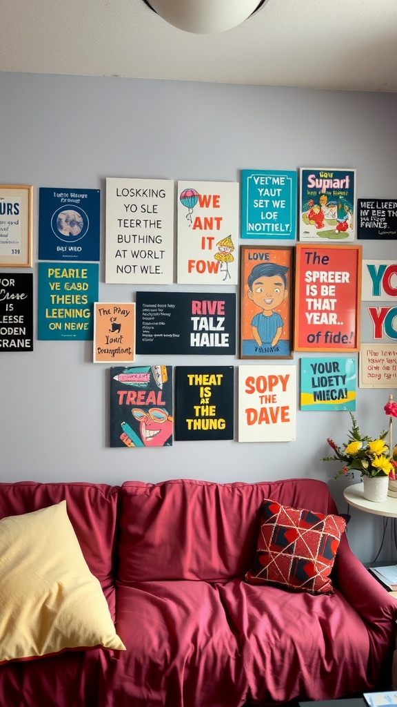 A colorful wall art gallery featuring a variety of prints and posters in a dorm living room setting.