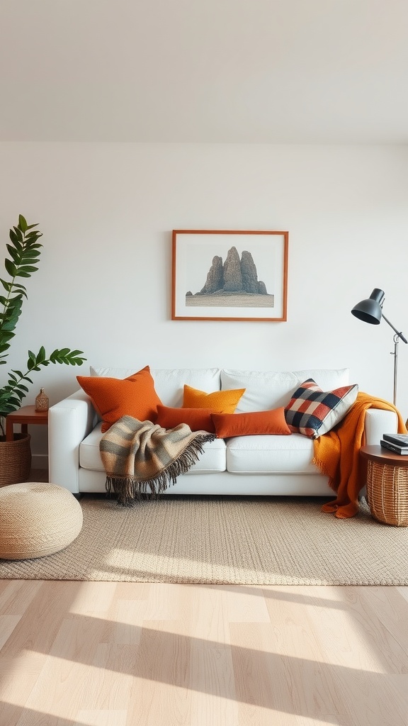 A cozy living room featuring a white couch with orange and patterned pillows, a warm blanket, and natural light streaming in.