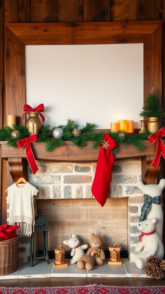 A rustic Christmas mantel decorated with greenery, red ribbons, candles, and cozy stuffed animals.