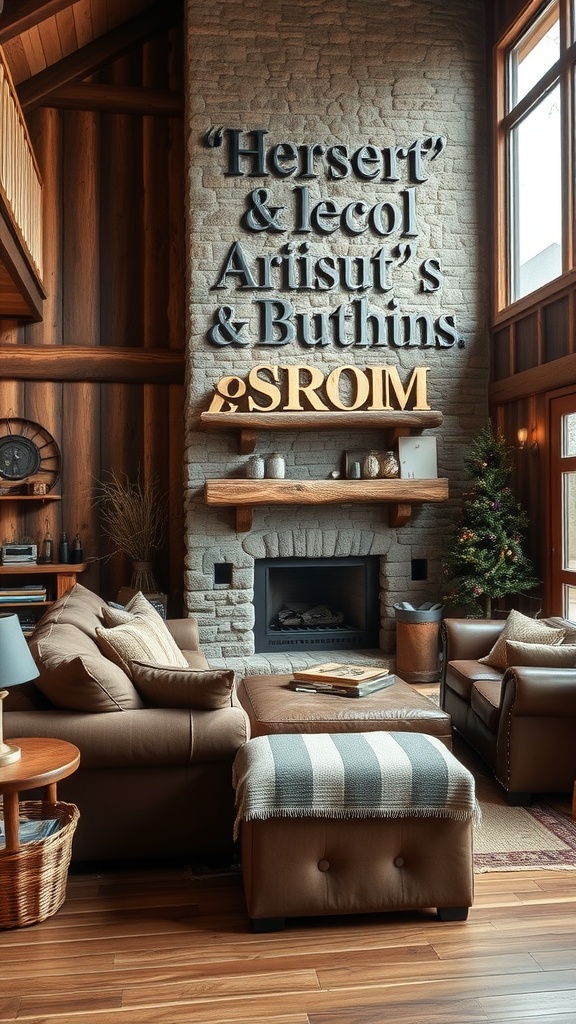 Cozy living room with brown sofa, stone wall, and rustic decor