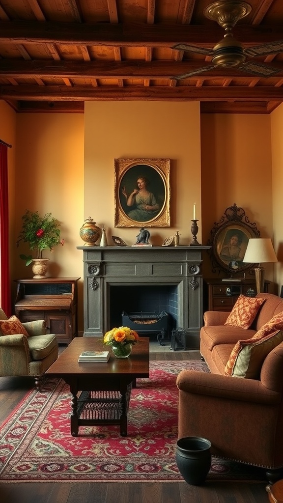 A cozy colonial living room featuring warm colors, wooden accents, and classic decor.