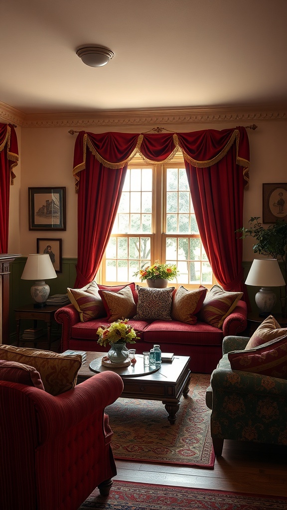 A cozy colonial living room with red sofas, patterned cushions, and warm lighting.