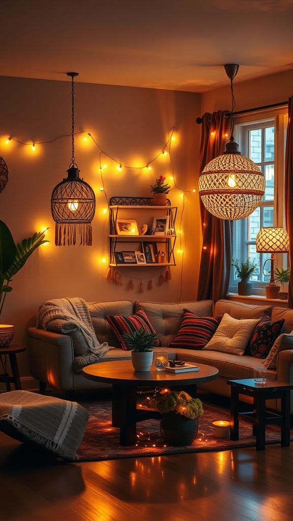 A cozy boho living room with warm lighting, featuring hanging lamps, string lights, and a comfortable sofa.