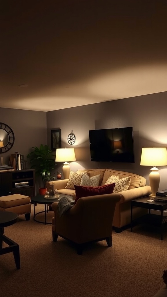 Cozy basement family room with warm lighting and comfortable seating