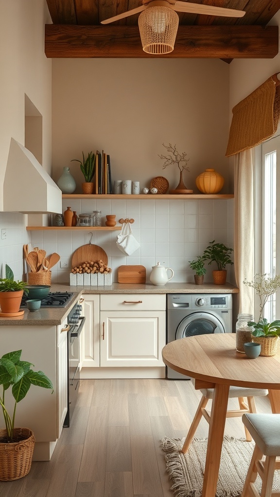 A cozy kitchen with warm neutral colors, wooden accents, plants, and a round table.