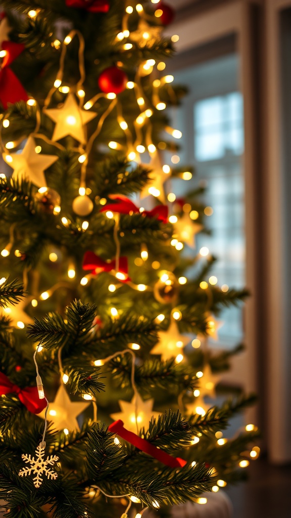 A beautifully decorated Christmas tree with warm white fairy lights and festive ornaments.