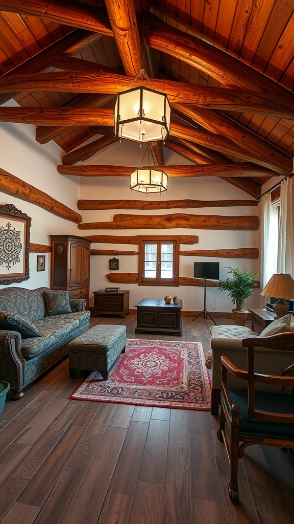 Rustic bedroom with warm wooden accents, featuring wooden beams, furniture, and a cozy rug.