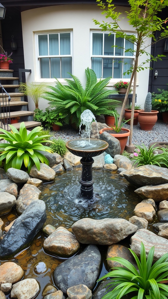 A charming backyard water feature with a fountain surrounded by rocks and plants.