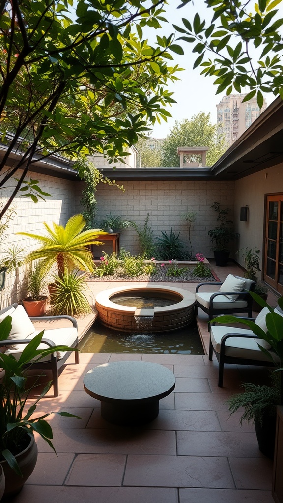 A serene backyard patio featuring a circular water feature surrounded by plants and seating.