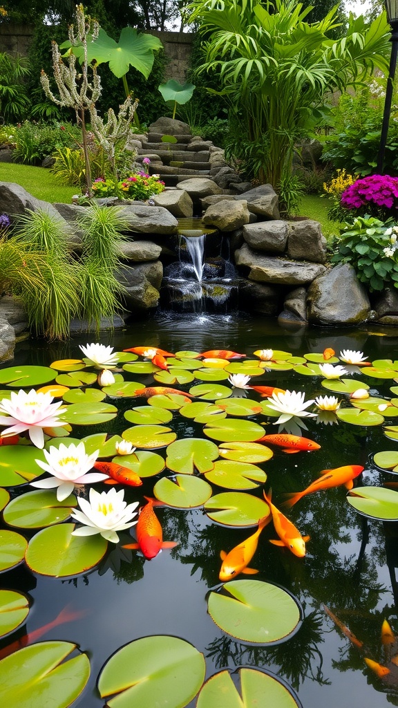 A serene pond with koi fish and water lilies surrounded by lush greenery and a small waterfall.