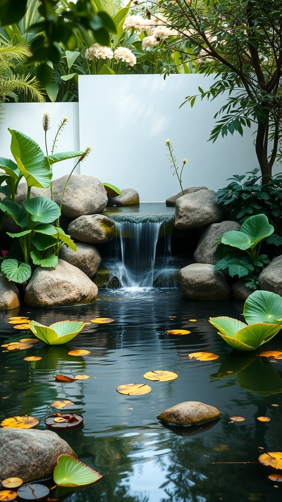 A serene garden water feature with a small waterfall, smooth stones, and lily pads floating on the water.