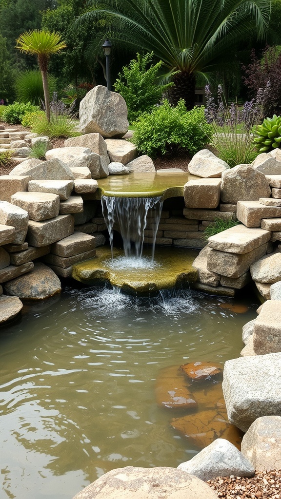 A beautiful garden water feature with flowing water and natural stones.