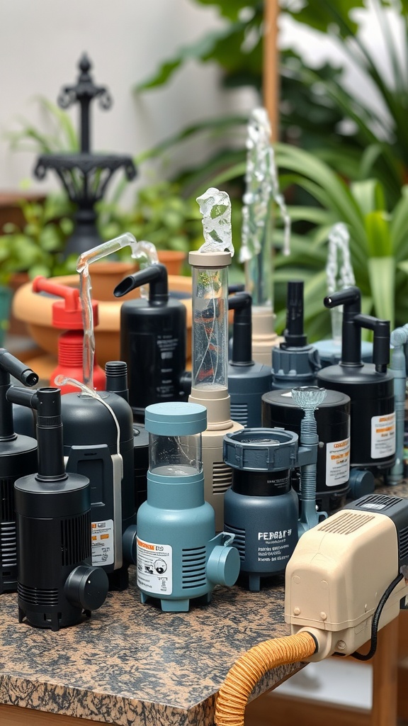 A collection of different water pumps for garden fountains, showing various sizes and designs