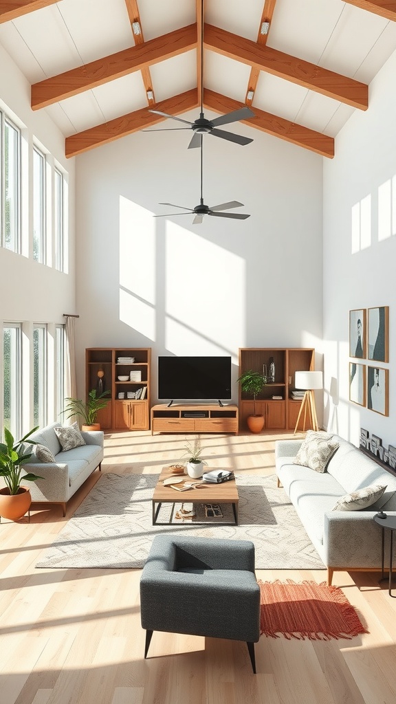 A bright, welcoming living room with high ceilings, large windows, and a cozy furniture layout.