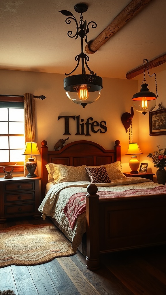 A cozy Western-inspired bedroom featuring rustic lighting fixtures, a wooden bed, and warm colors.