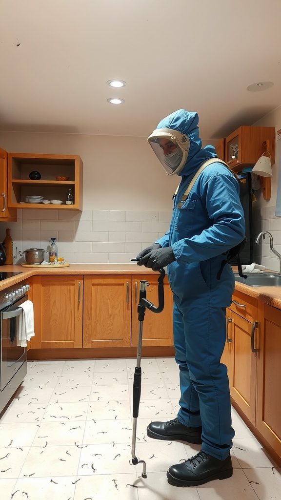 A pest control expert dressed in protective gear standing in a kitchen, ready to eliminate gnats.