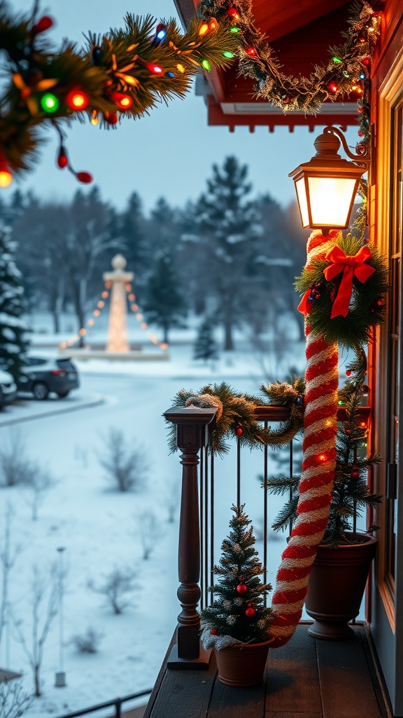 A festive balcony decorated with colorful string lights, a garland, and a small Christmas tree.