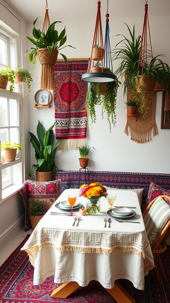 A cozy breakfast nook featuring a table set with flowers, colorful plates, and surrounded by hanging plants and vibrant textiles.