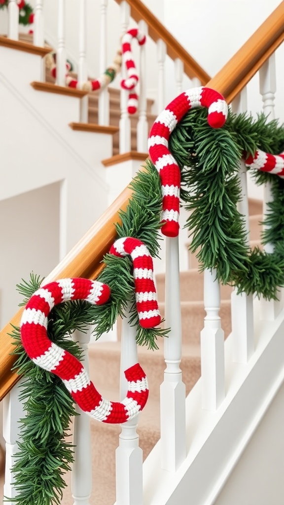 Crocheted candy cane striped garland on a staircase railing