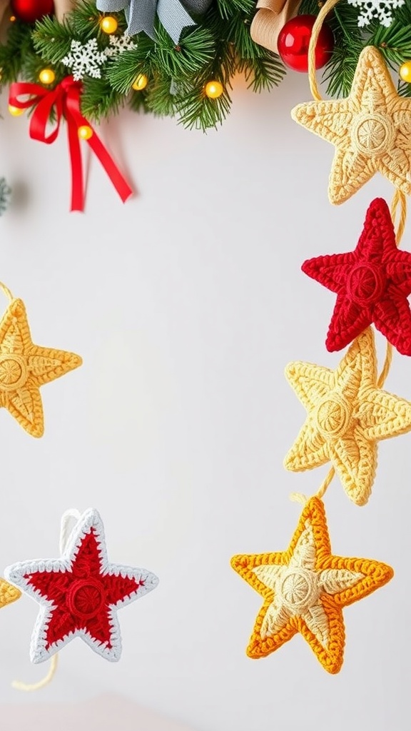 Colorful crochet stars in red, yellow, and white hanging on a garland.