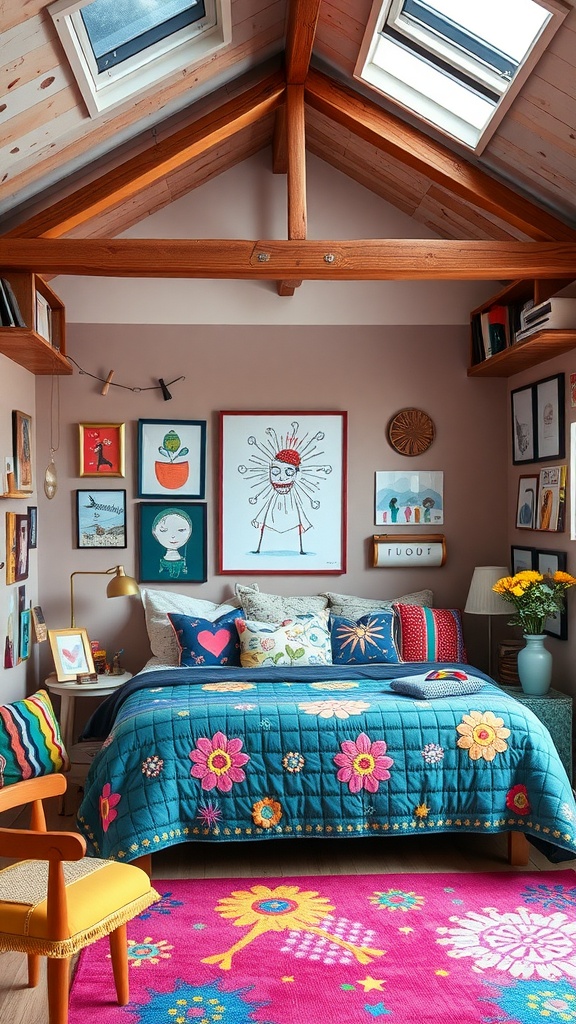 A whimsical loft bedroom featuring a teal quilt, colorful pillows, and an array of artwork on the walls.