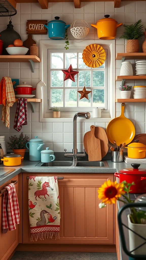 A colorful kitchen with decorative accessories like bright pots, plants, and a patterned towel.