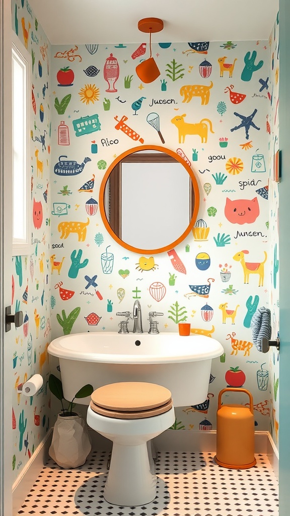 A colorful and whimsical bathroom with playful illustrations on the wallpaper.